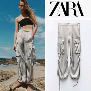 WOMEN'S Zara Satin Effect CARGO ADJUSTABLE ANKLE Pants SZ S CHAMPAGNE COLOR $80